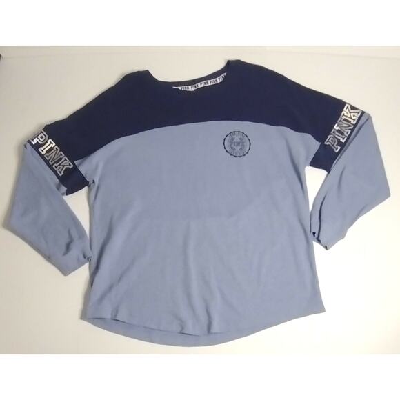 PINK Women’s Top Size Large Blue Colorblock Long Sleeve Pullover Round Neck Logo - Picture 7 of 7